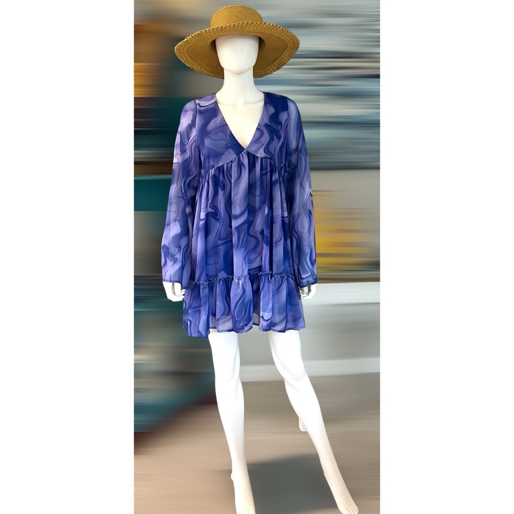 PEACH LOVE CALIFORNIA Purple swirl flare sleeve tunic dress S M - Picture 4 of 7